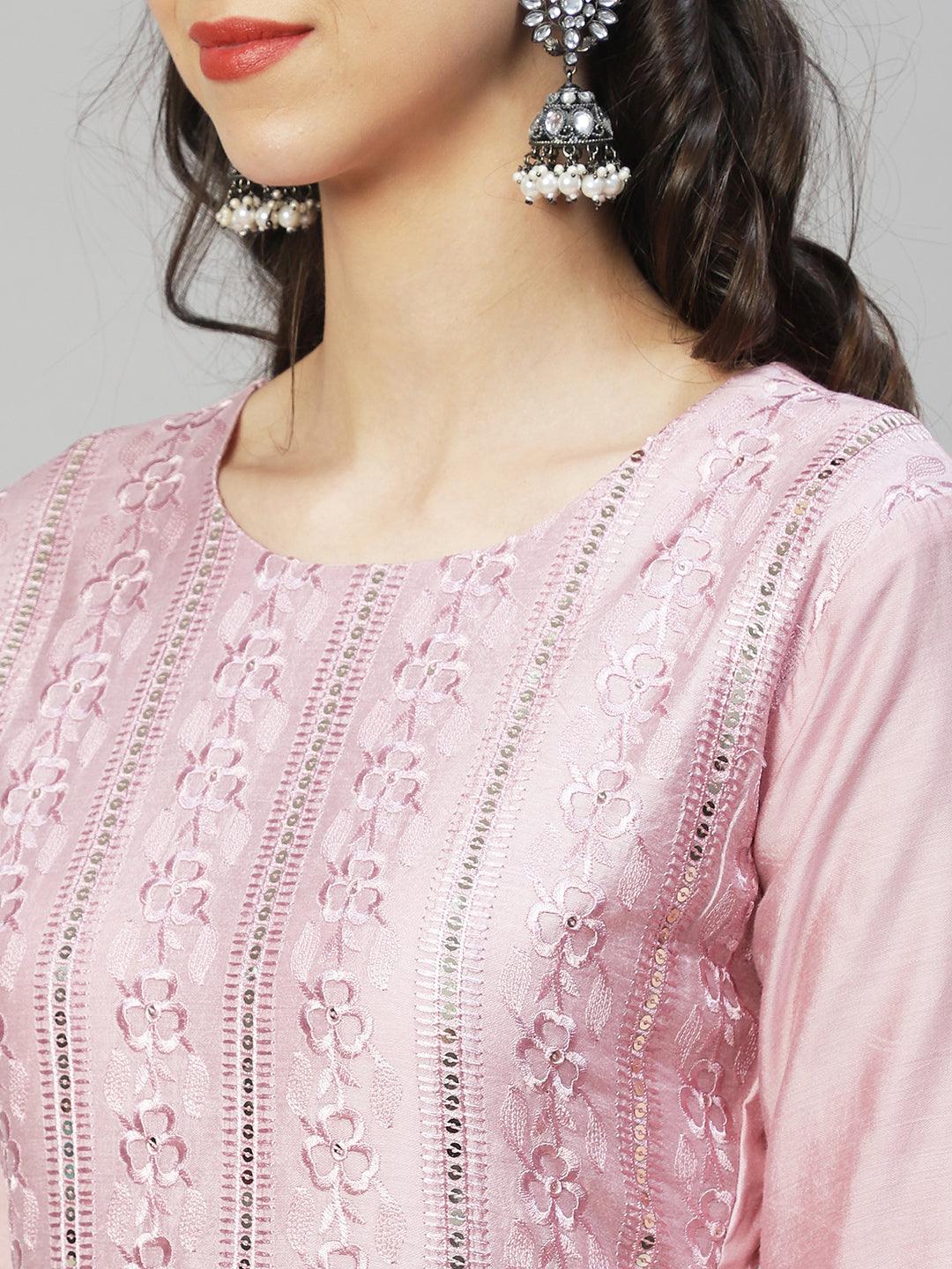 Floral Embroidered Straight Fit Kurta with Pants & Dupatta - Onion Pink - Indiakreations