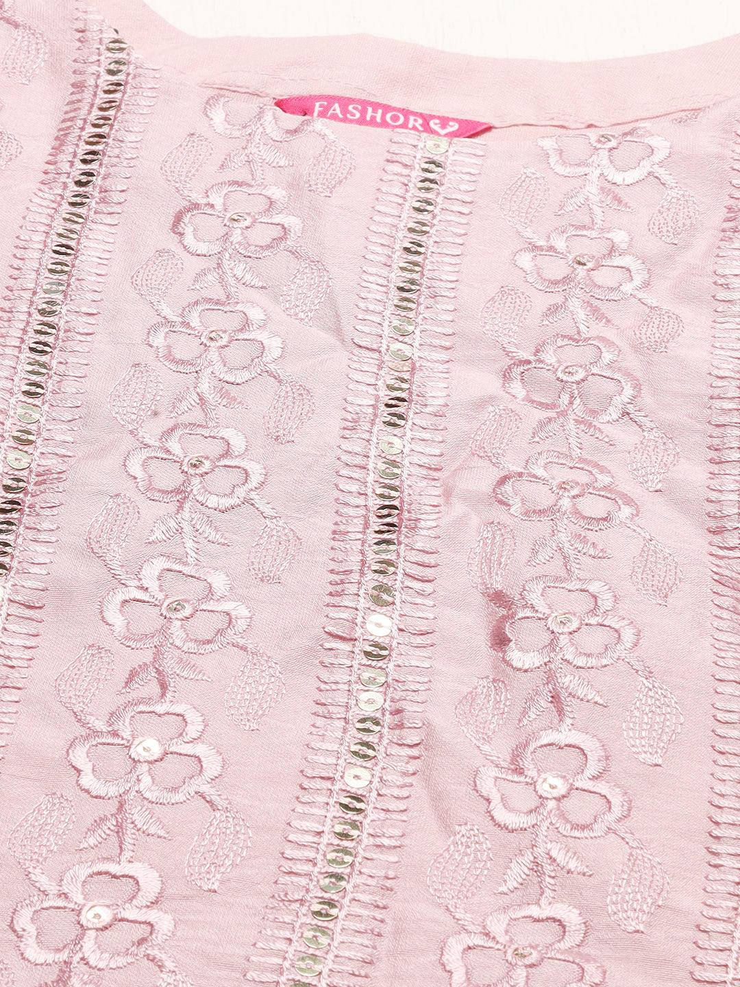 Floral Embroidered Straight Fit Kurta with Pants & Dupatta - Onion Pink - Indiakreations