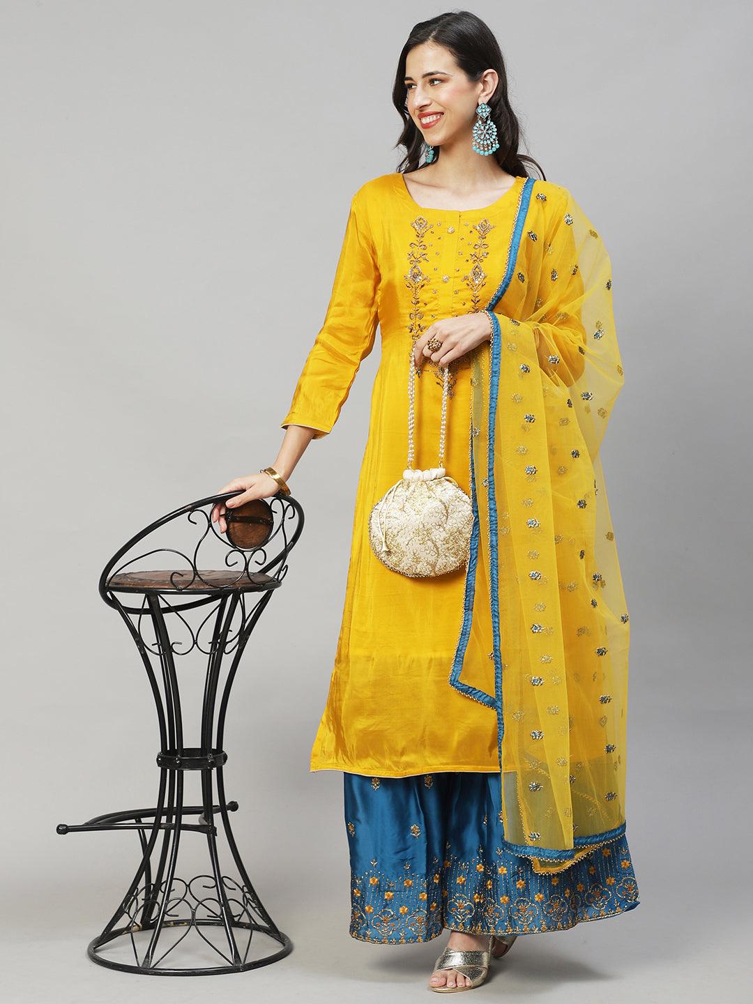 Ethnic Hand Embroidered Straight Kurta with Sharara & Dupatta - Yellow - Indiakreations