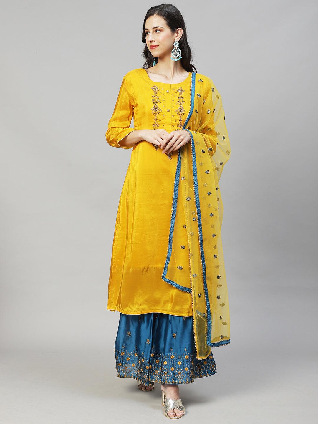 Ethnic Hand Embroidered Straight Kurta with Sharara & Dupatta - Yellow - Indiakreations