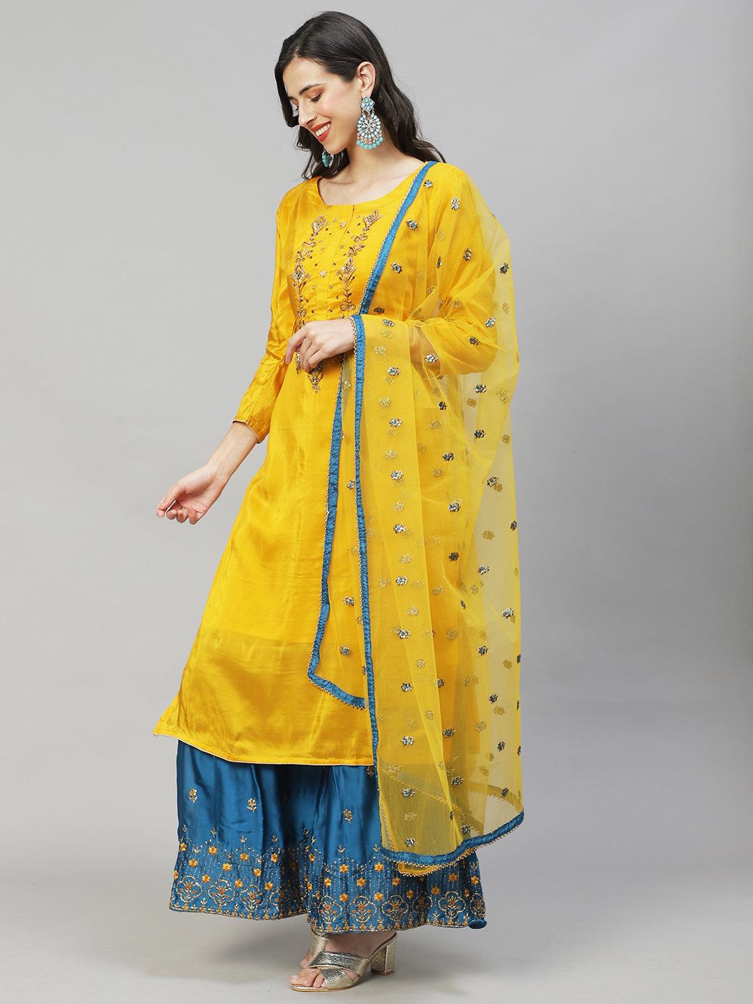 Ethnic Hand Embroidered Straight Kurta with Sharara & Dupatta - Yellow - Indiakreations