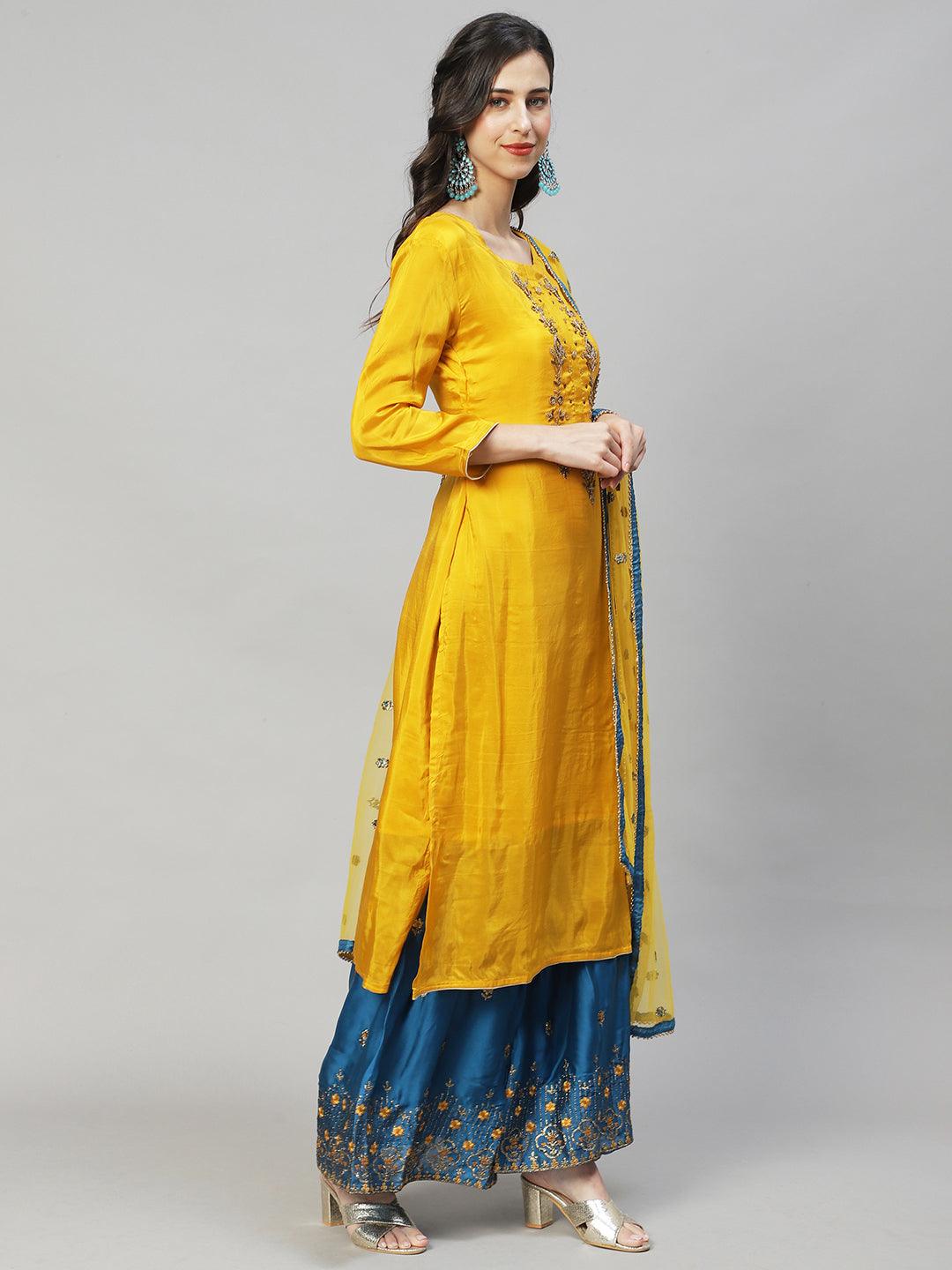 Ethnic Hand Embroidered Straight Kurta with Sharara & Dupatta - Yellow - Indiakreations