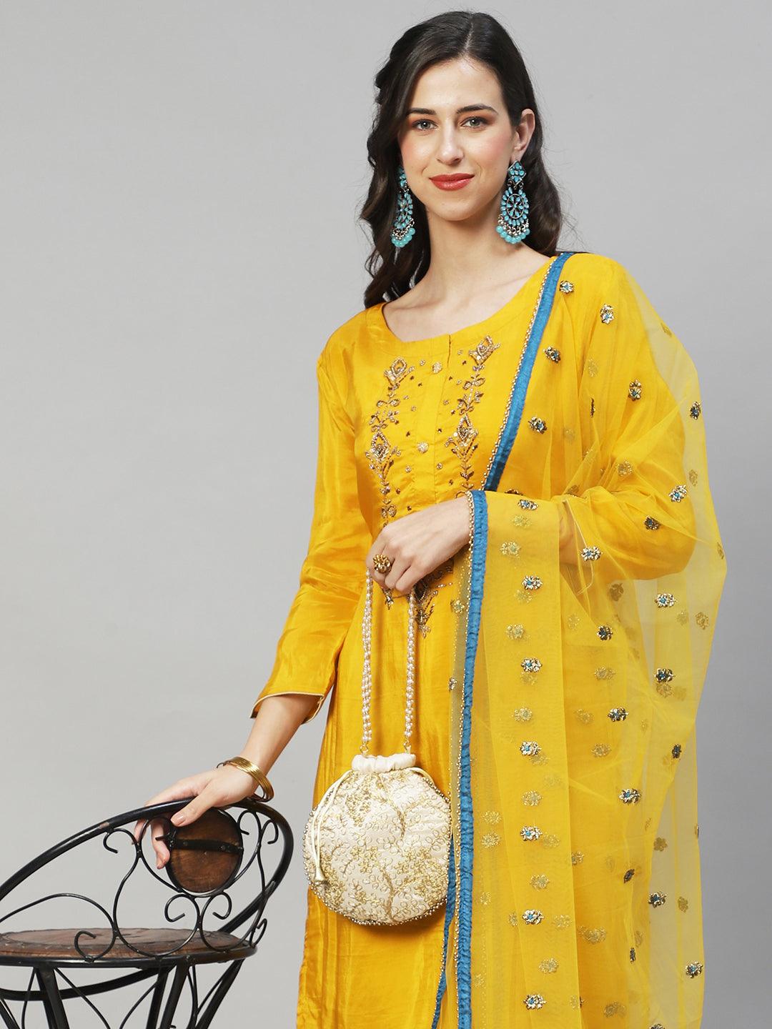 Ethnic Hand Embroidered Straight Kurta with Sharara & Dupatta - Yellow - Indiakreations