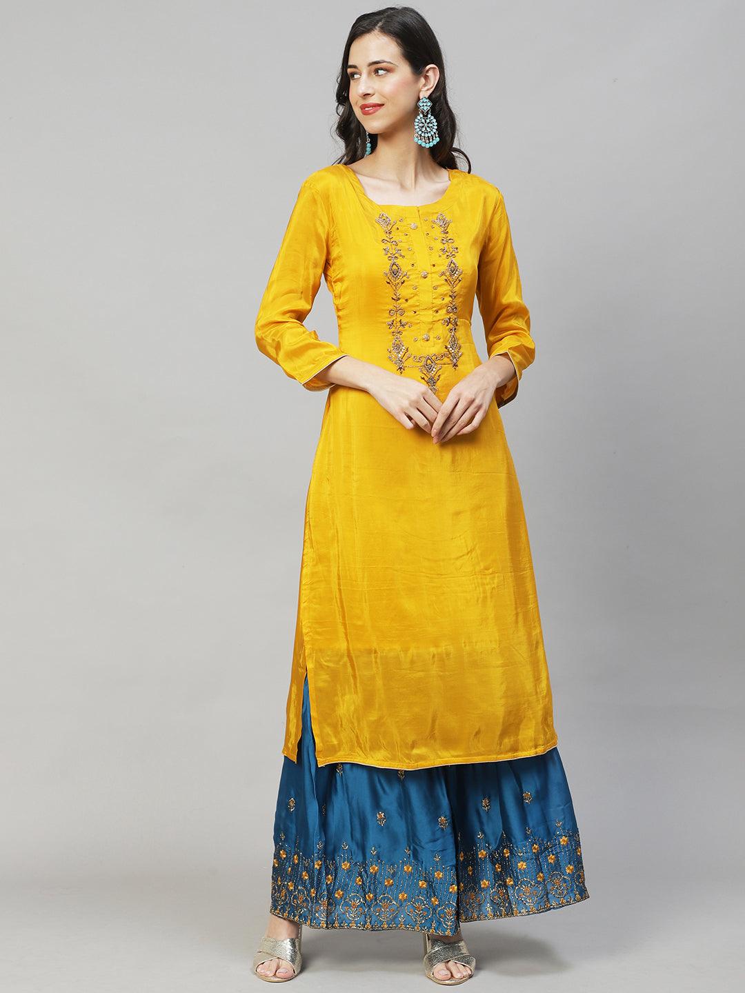 Ethnic Hand Embroidered Straight Kurta with Sharara & Dupatta - Yellow - Indiakreations