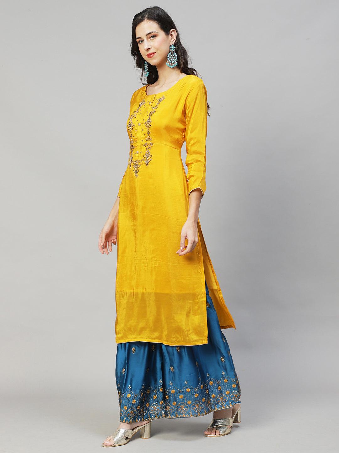 Ethnic Hand Embroidered Straight Kurta with Sharara & Dupatta - Yellow - Indiakreations