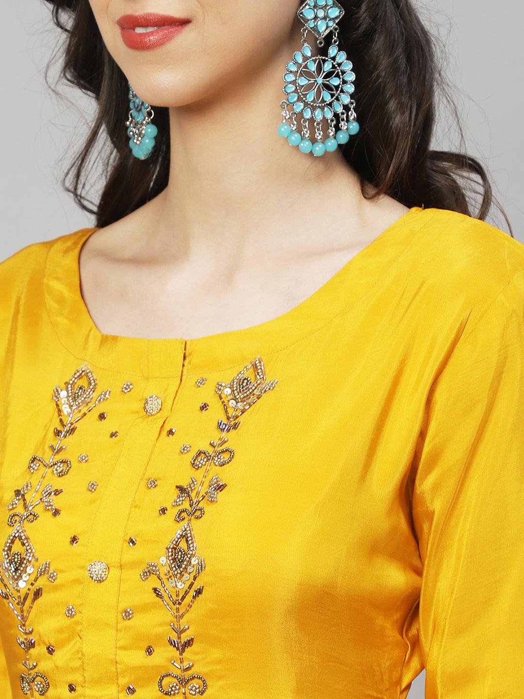 Ethnic Hand Embroidered Straight Kurta with Sharara & Dupatta - Yellow - Indiakreations