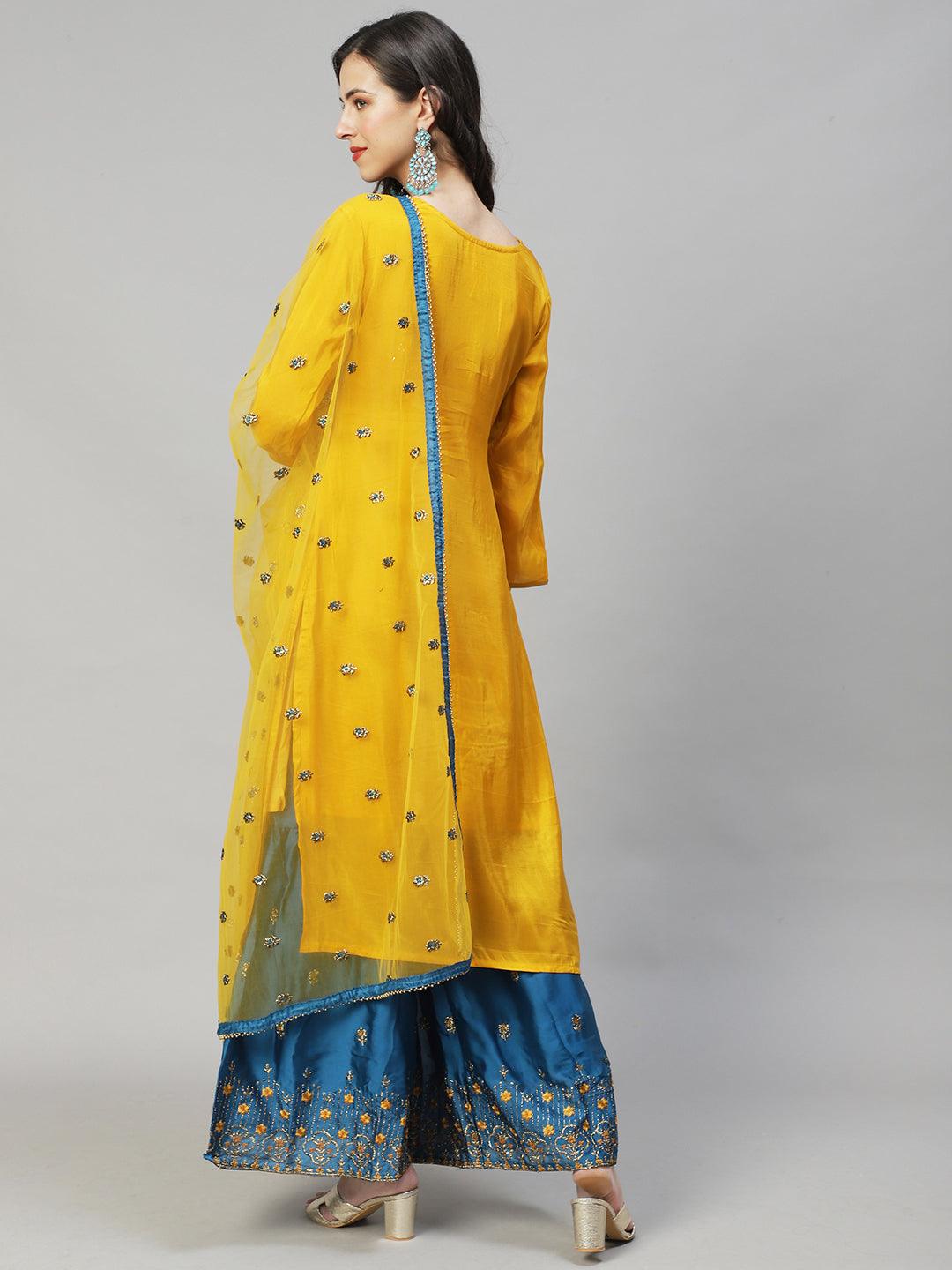 Ethnic Hand Embroidered Straight Kurta with Sharara & Dupatta - Yellow - Indiakreations