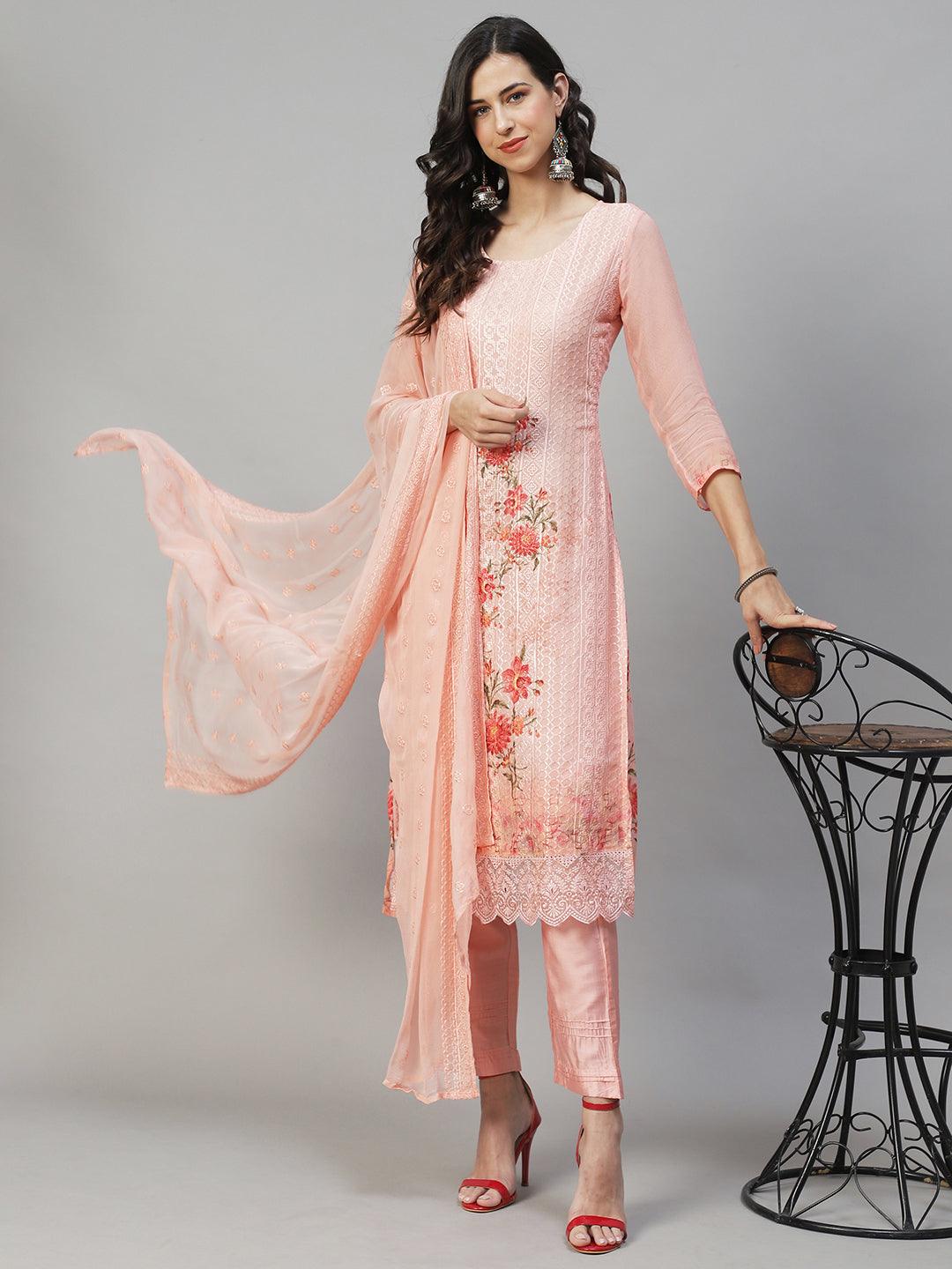 Ethnic Embroidered Straight Fit Kurta with Pants & Dupatta - Peach - Indiakreations