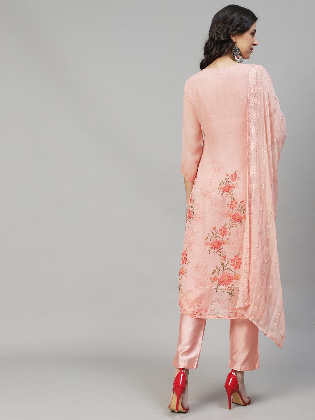 Ethnic Embroidered Straight Fit Kurta with Pants & Dupatta - Peach - Indiakreations