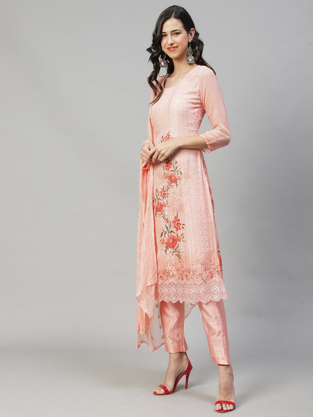 Ethnic Embroidered Straight Fit Kurta with Pants & Dupatta - Peach - Indiakreations