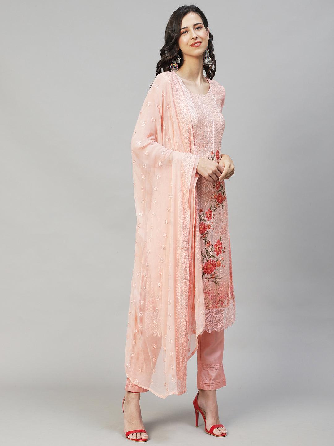 Ethnic Embroidered Straight Fit Kurta with Pants & Dupatta - Peach - Indiakreations