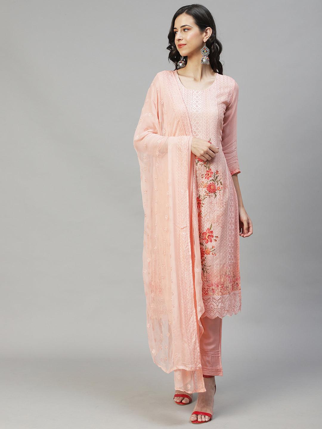 Ethnic Embroidered Straight Fit Kurta with Pants & Dupatta - Peach - Indiakreations