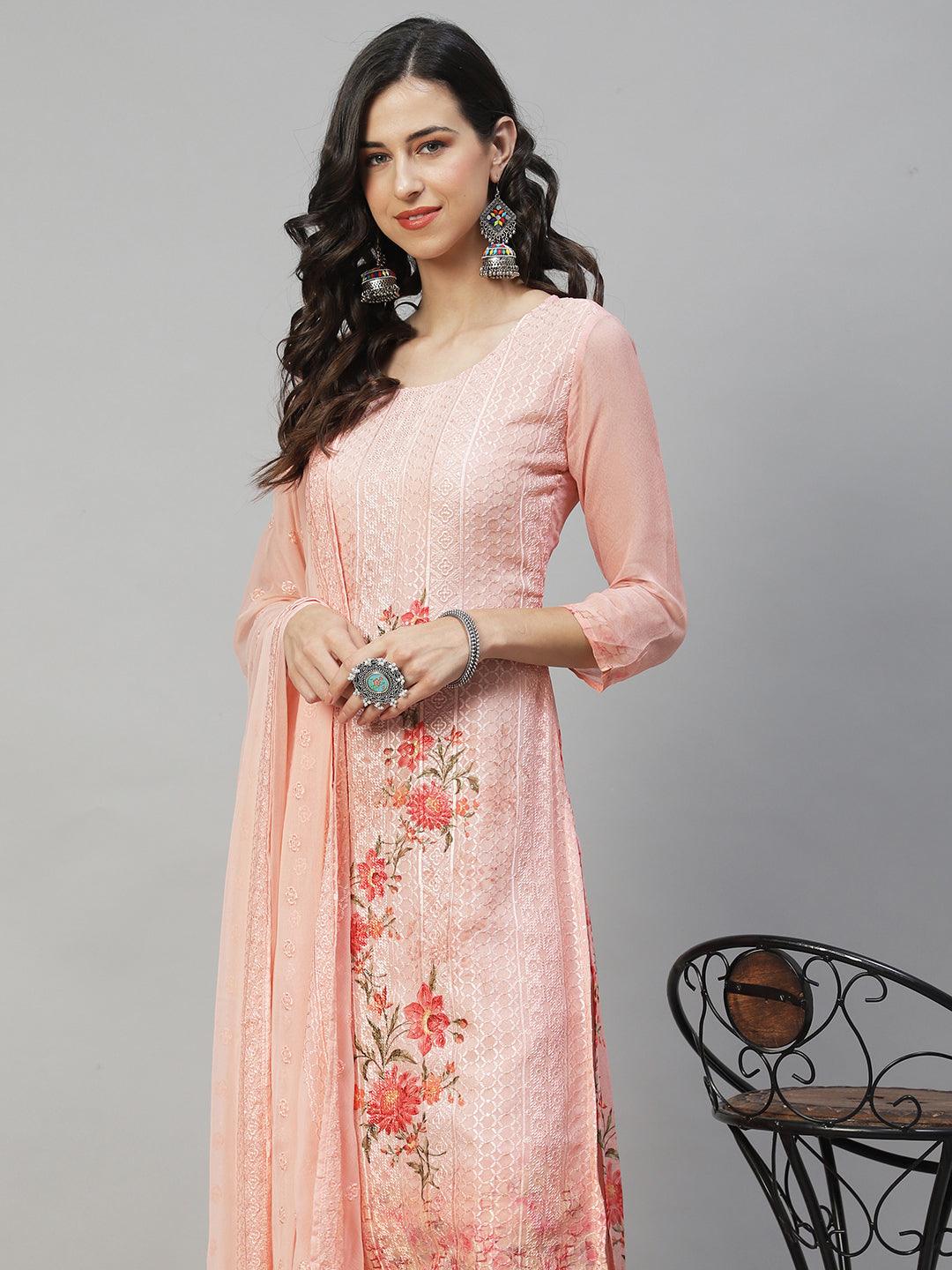 Ethnic Embroidered Straight Fit Kurta with Pants & Dupatta - Peach - Indiakreations