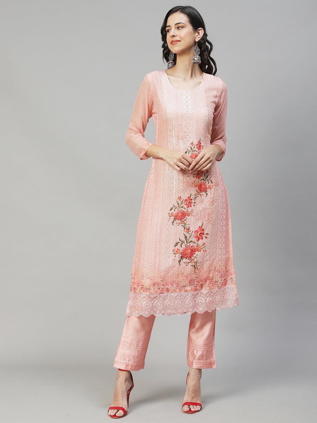 Ethnic Embroidered Straight Fit Kurta with Pants & Dupatta - Peach - Indiakreations