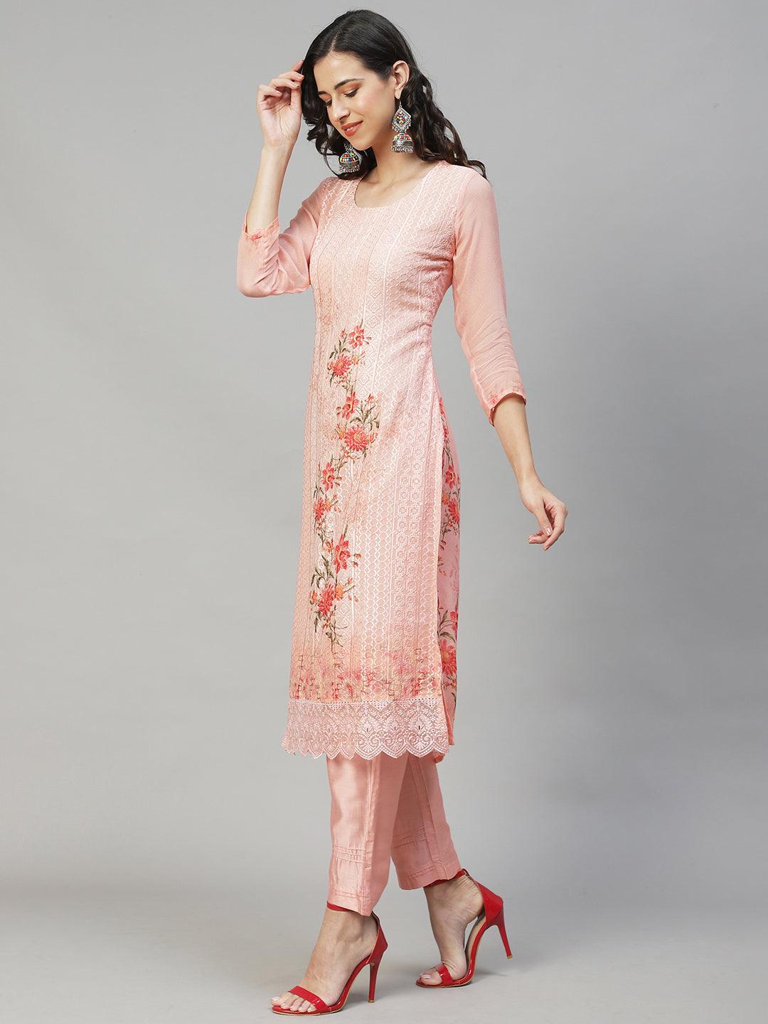 Ethnic Embroidered Straight Fit Kurta with Pants & Dupatta - Peach - Indiakreations