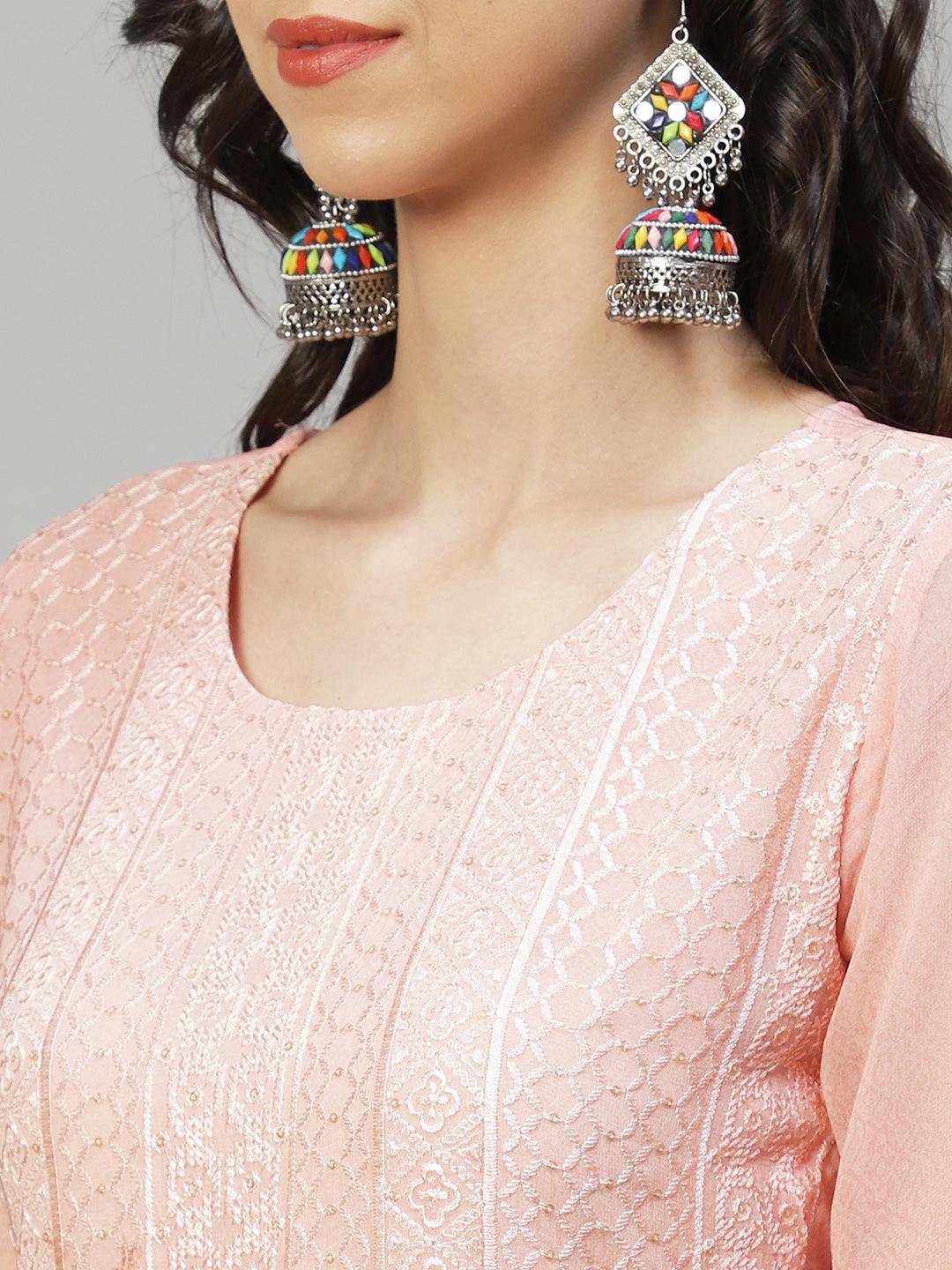 Ethnic Embroidered Straight Fit Kurta with Pants & Dupatta - Peach - Indiakreations