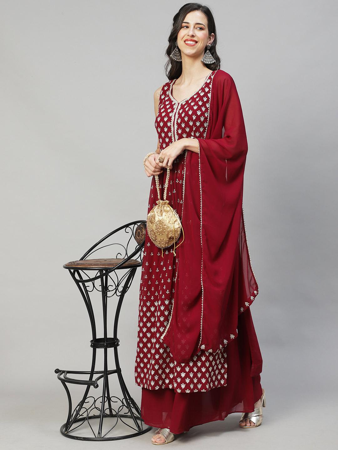 Ethnic Embroidered Flared Kurta with Palazzo & Dupatta - Deep Wine - Indiakreations