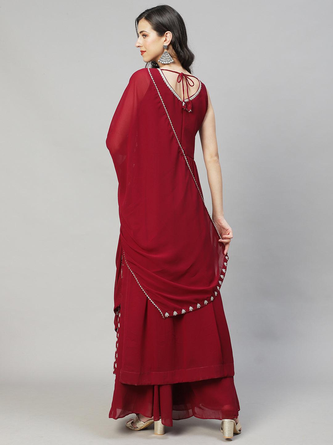 Ethnic Embroidered Flared Kurta with Palazzo & Dupatta - Deep Wine - Indiakreations