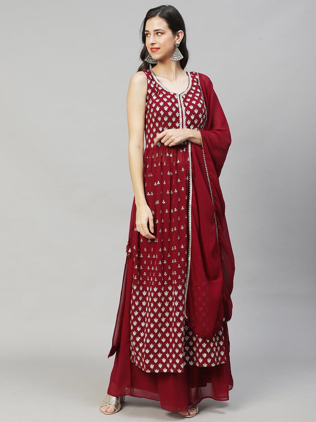 Ethnic Embroidered Flared Kurta with Palazzo & Dupatta - Deep Wine - Indiakreations