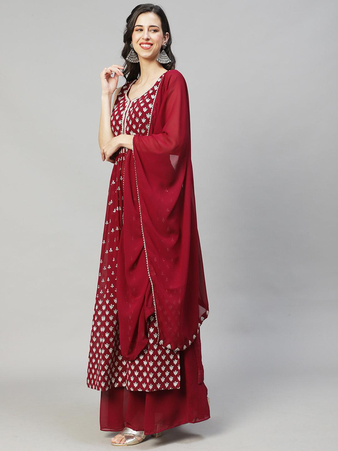 Ethnic Embroidered Flared Kurta with Palazzo & Dupatta - Deep Wine - Indiakreations