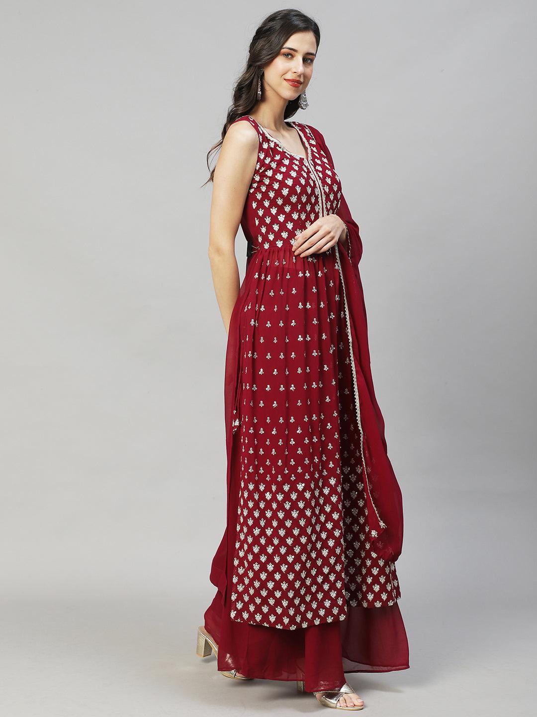 Ethnic Embroidered Flared Kurta with Palazzo & Dupatta - Deep Wine - Indiakreations