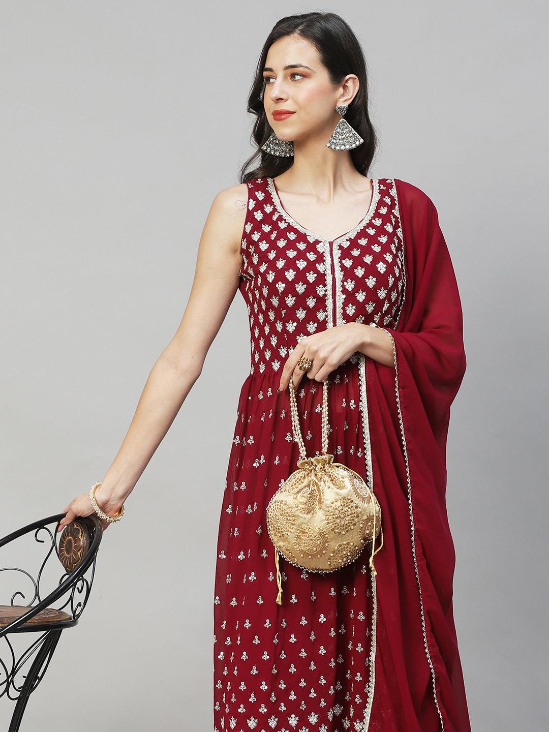 Ethnic Embroidered Flared Kurta with Palazzo & Dupatta - Deep Wine - Indiakreations