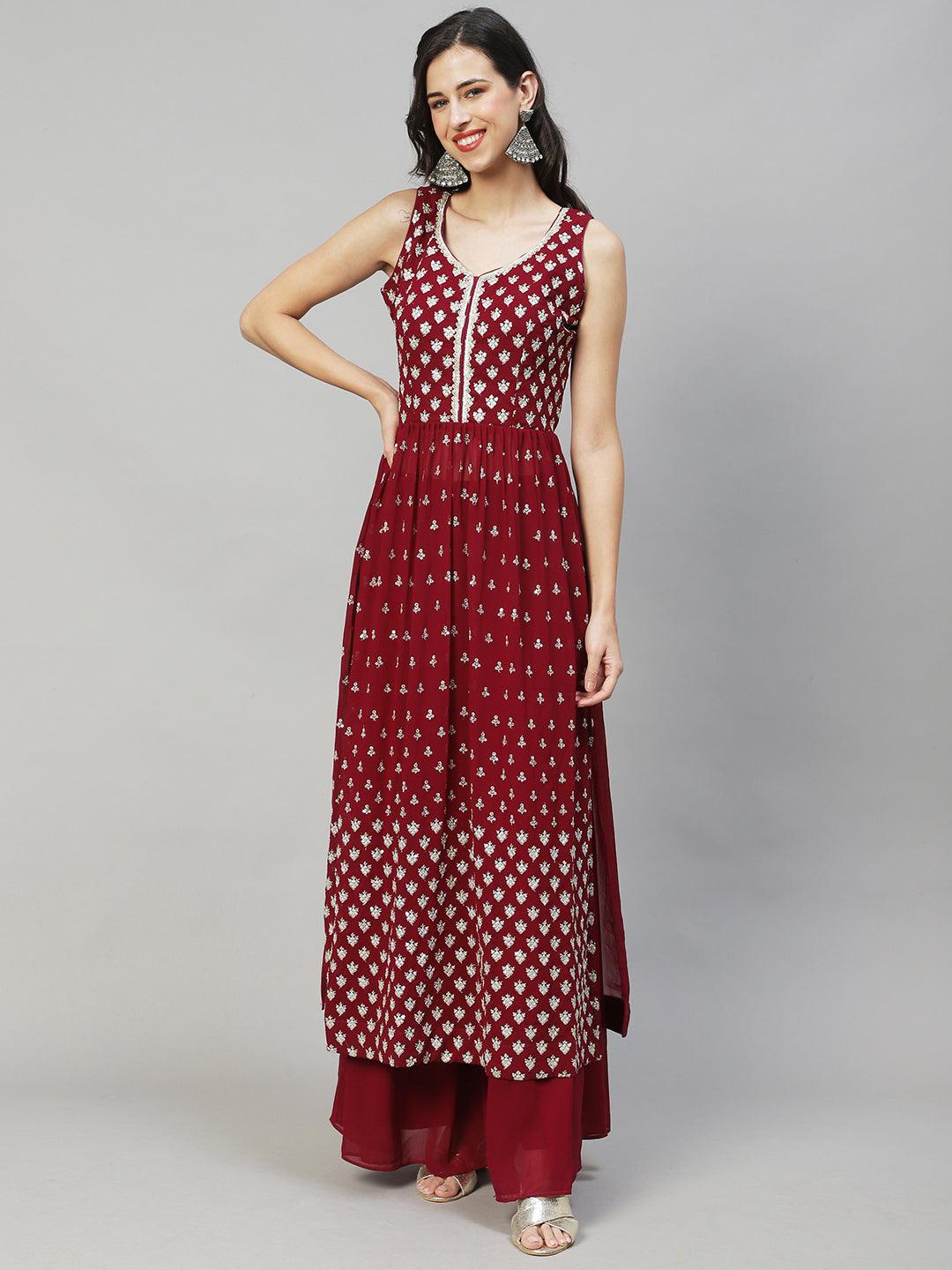 Ethnic Embroidered Flared Kurta with Palazzo & Dupatta - Deep Wine - Indiakreations