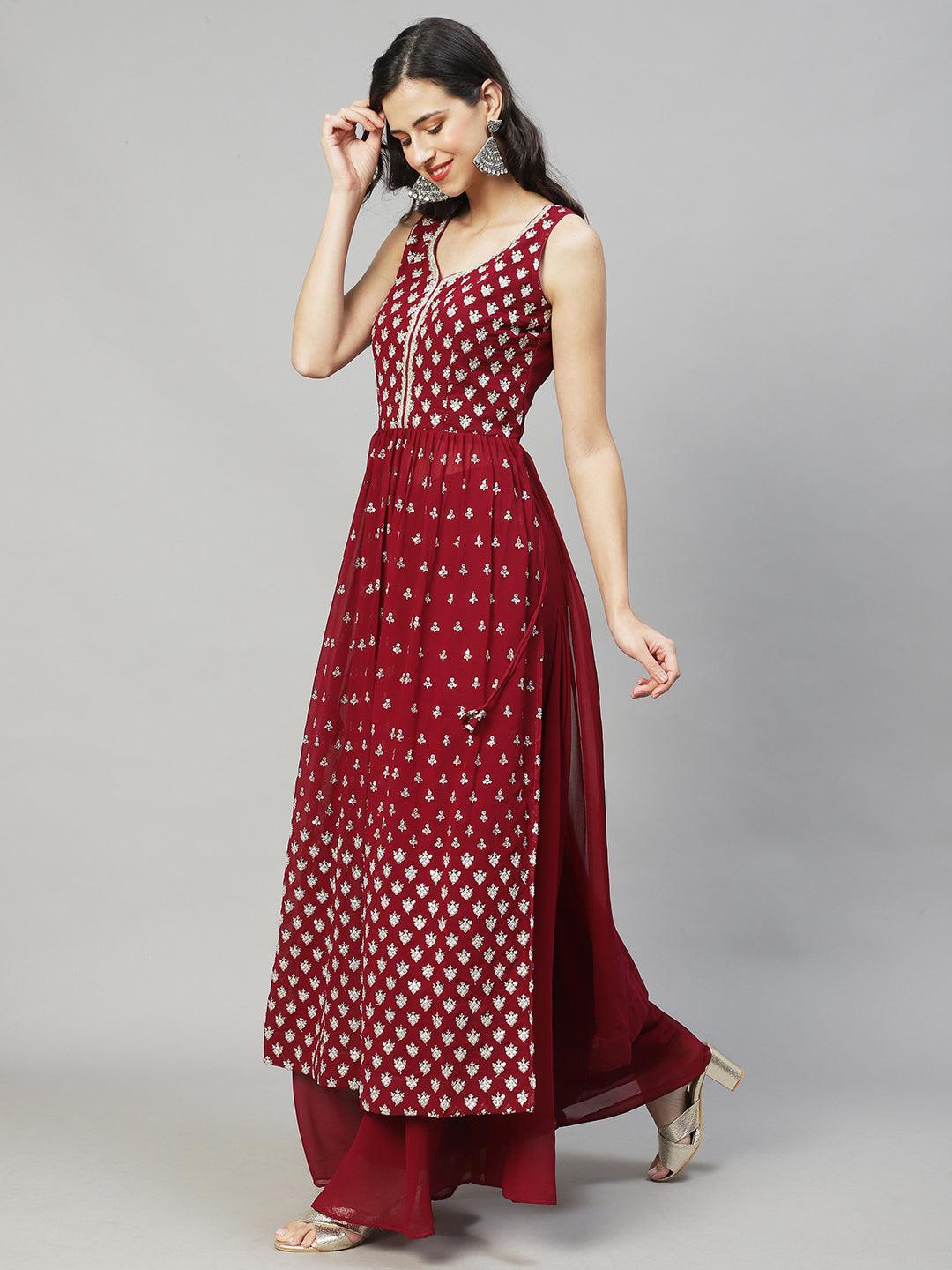 Ethnic Embroidered Flared Kurta with Palazzo & Dupatta - Deep Wine - Indiakreations