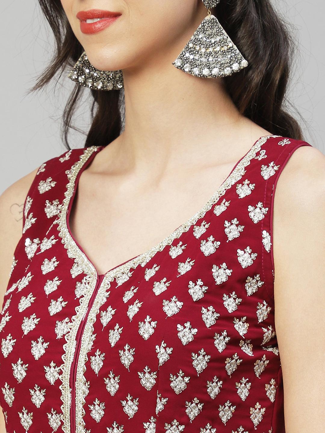 Ethnic Embroidered Flared Kurta with Palazzo & Dupatta - Deep Wine - Indiakreations