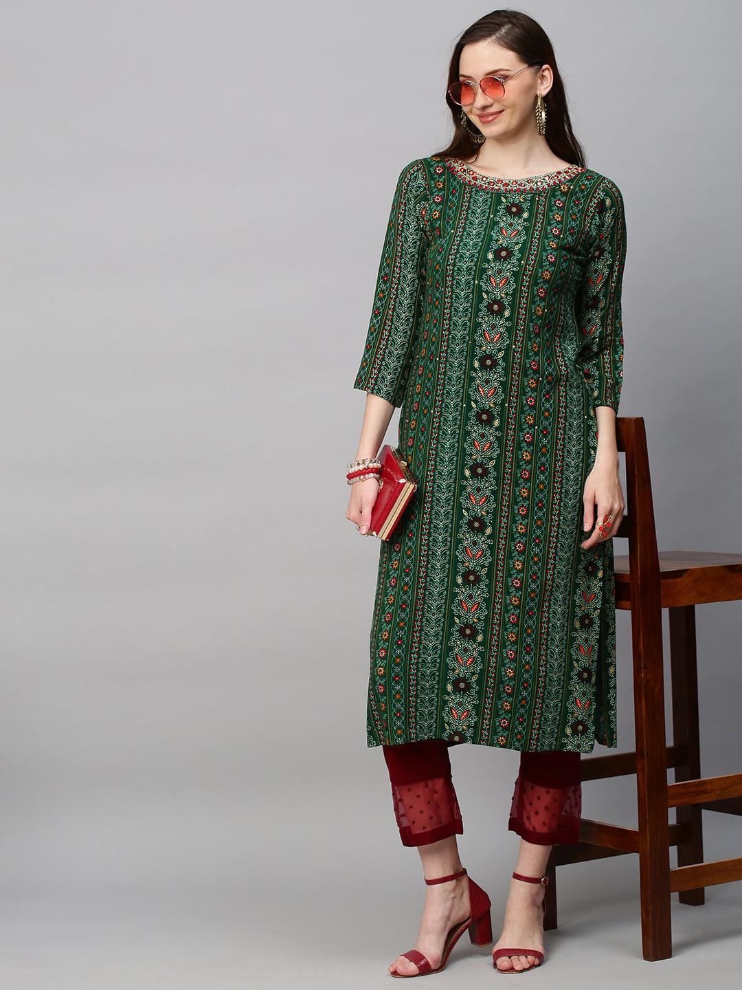 Ethnic Printed & Hand Embroidered Straight Fit Kurta - Dark Green - Indiakreations