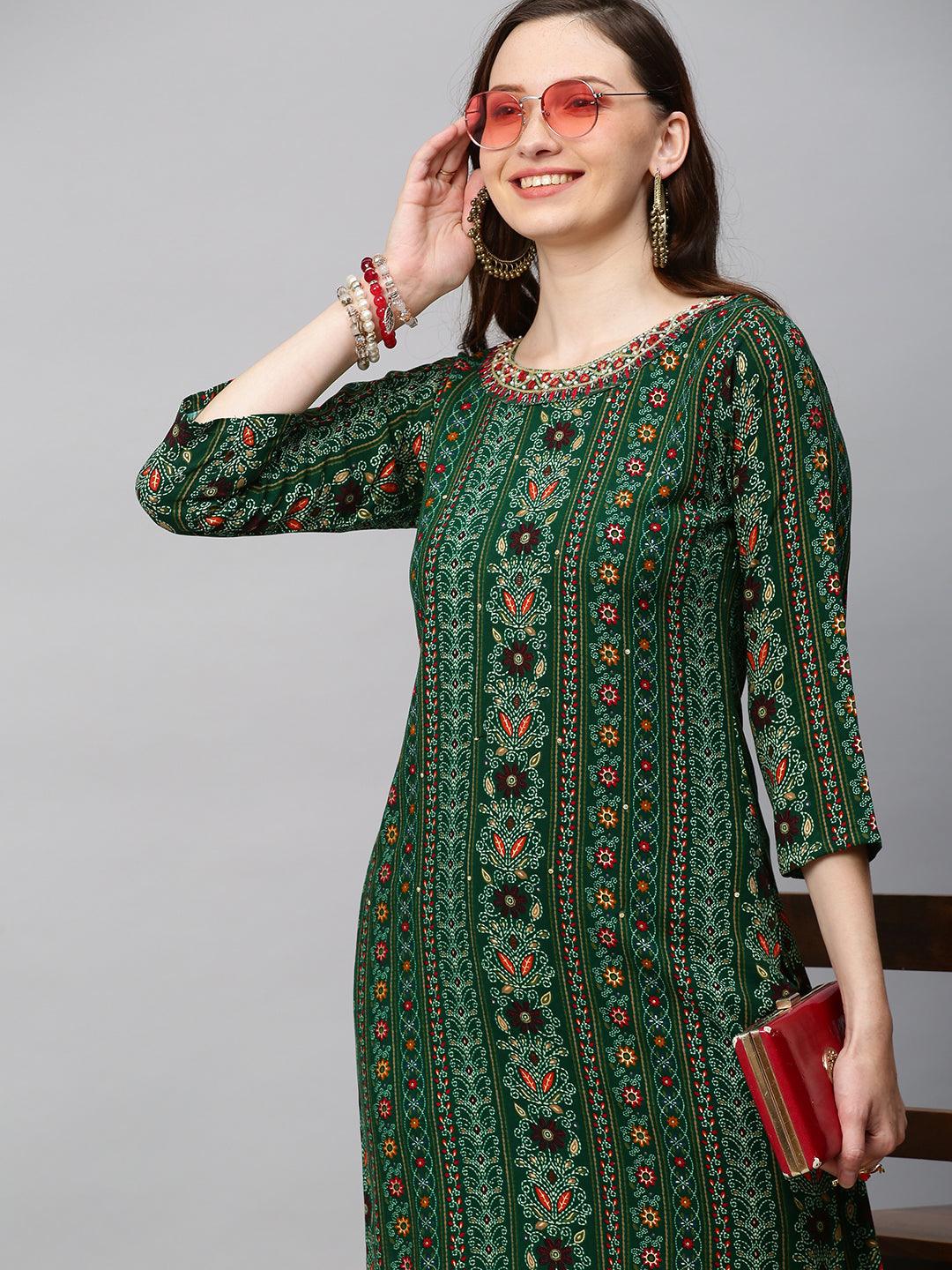 Ethnic Printed & Hand Embroidered Straight Fit Kurta - Dark Green - Indiakreations