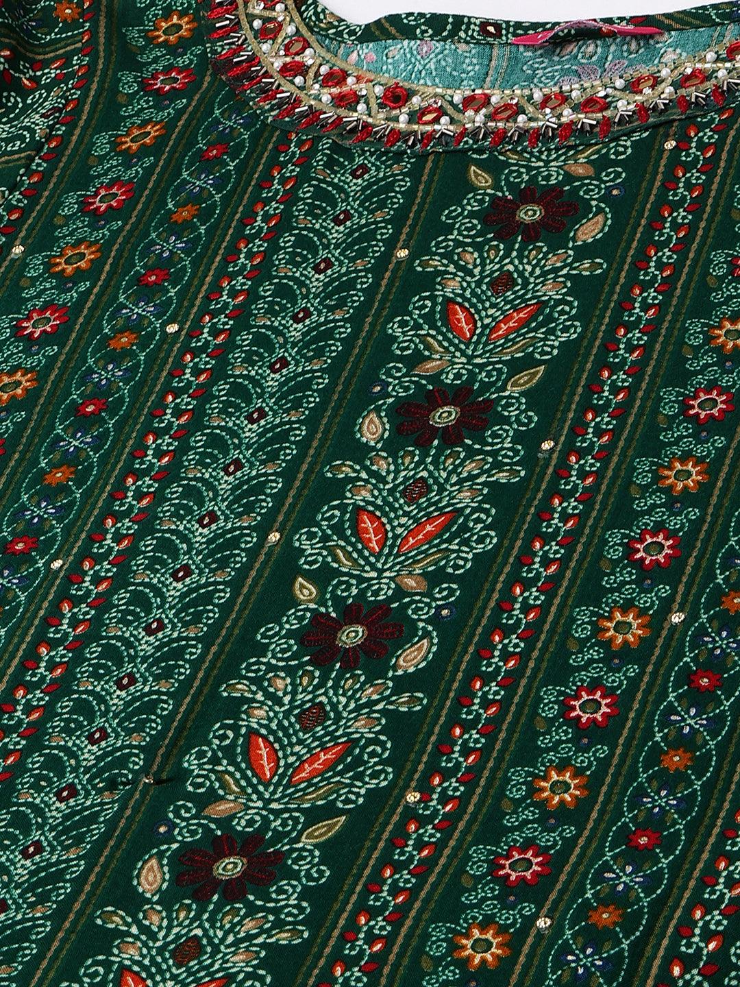 Ethnic Printed & Hand Embroidered Straight Fit Kurta - Dark Green - Indiakreations