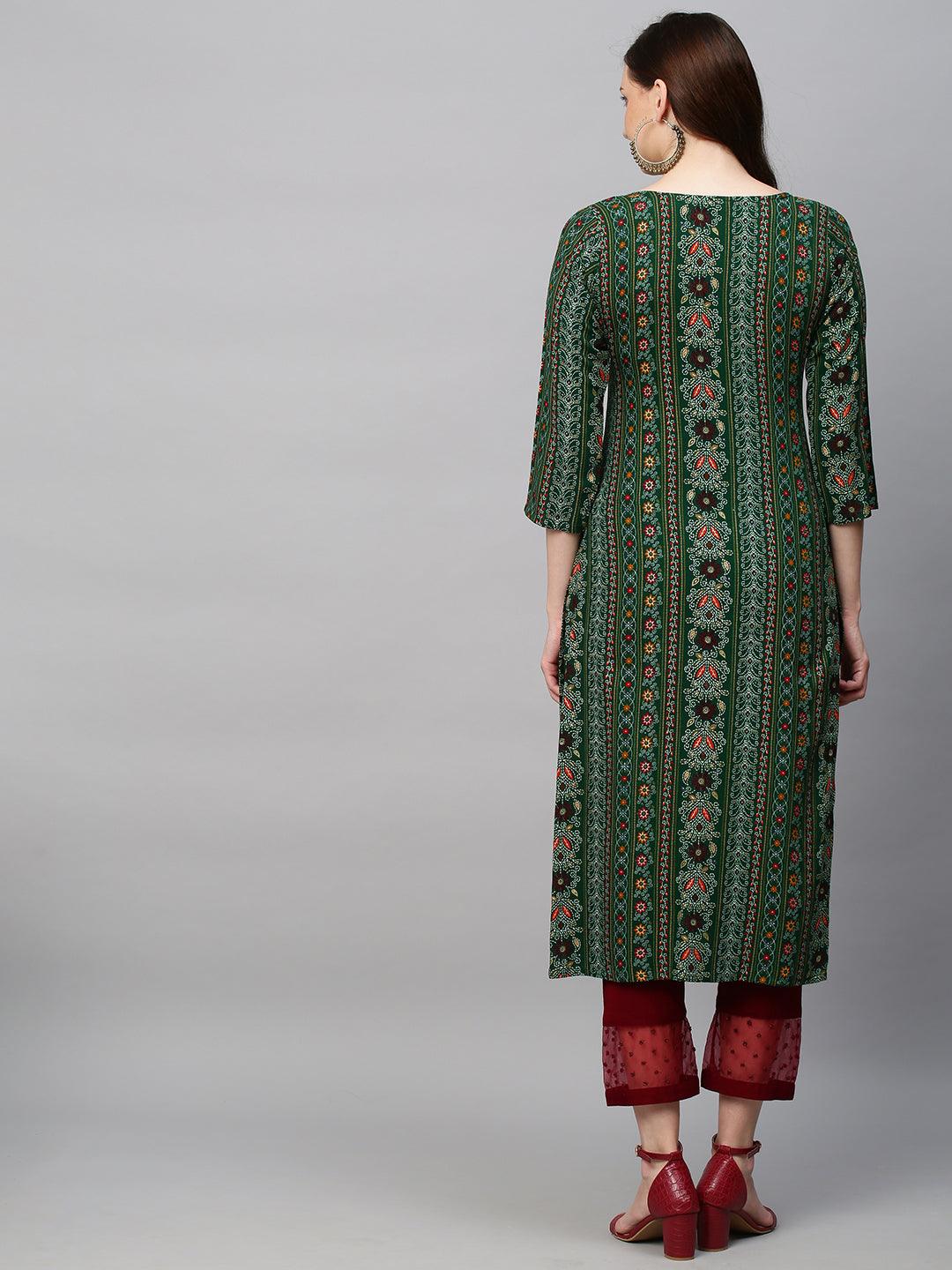 Ethnic Printed & Hand Embroidered Straight Fit Kurta - Dark Green - Indiakreations