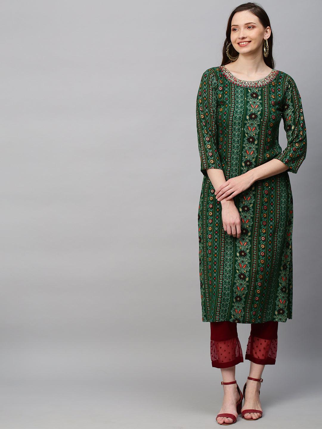 Ethnic Printed & Hand Embroidered Straight Fit Kurta - Dark Green - Indiakreations