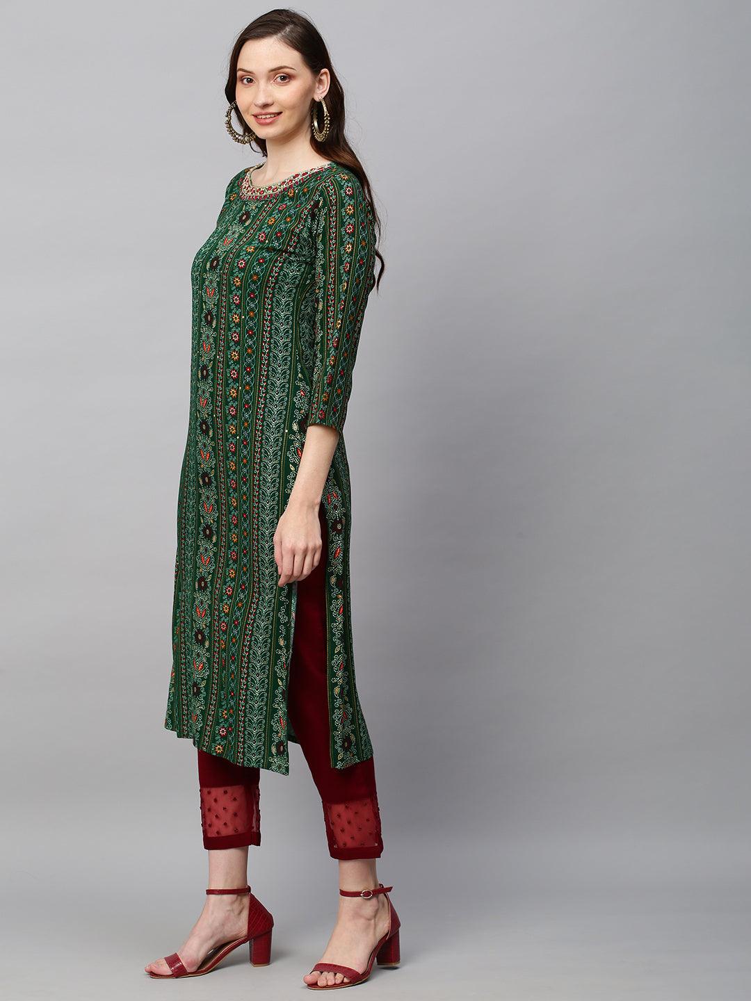 Ethnic Printed & Hand Embroidered Straight Fit Kurta - Dark Green - Indiakreations