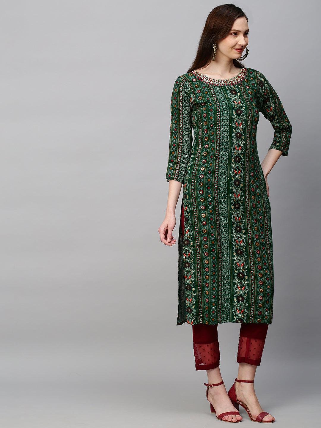 Ethnic Printed & Hand Embroidered Straight Fit Kurta - Dark Green - Indiakreations