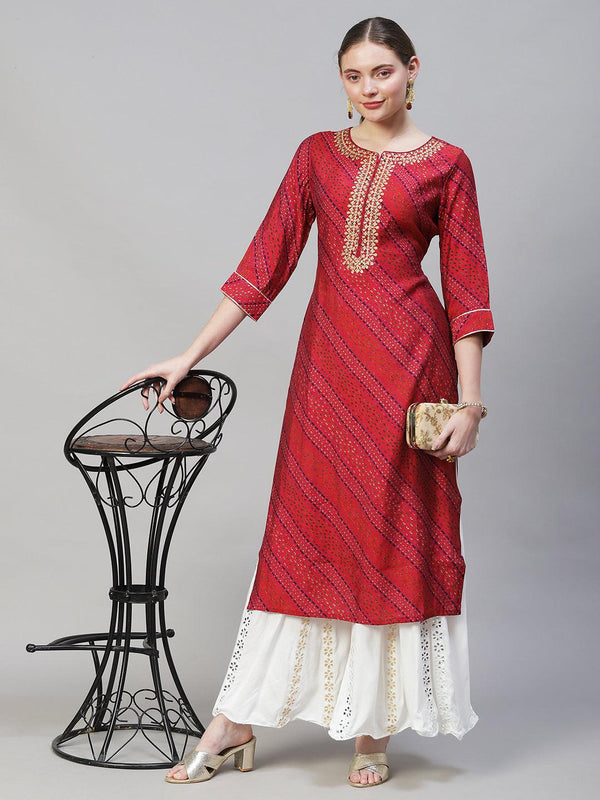 Ethnic Printed & Embroidered Straight Fit Kurta – Multi - Indiakreations