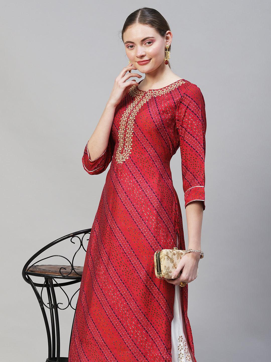 Ethnic Printed & Embroidered Straight Fit Kurta – Multi - Indiakreations