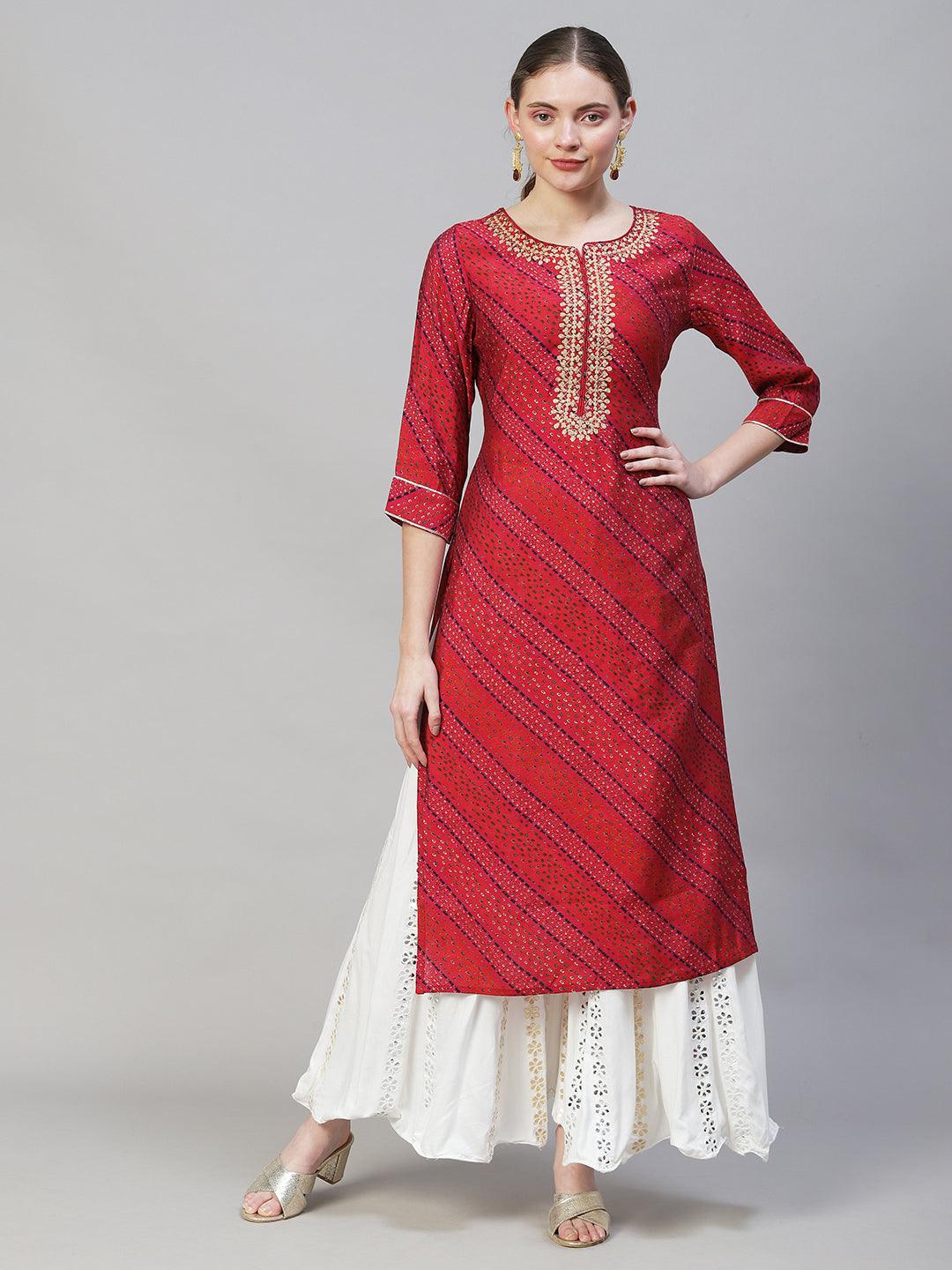 Ethnic Printed & Embroidered Straight Fit Kurta – Multi - Indiakreations