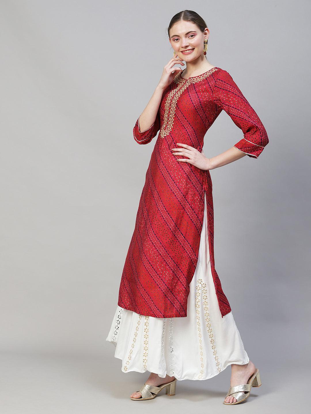 Ethnic Printed & Embroidered Straight Fit Kurta – Multi - Indiakreations