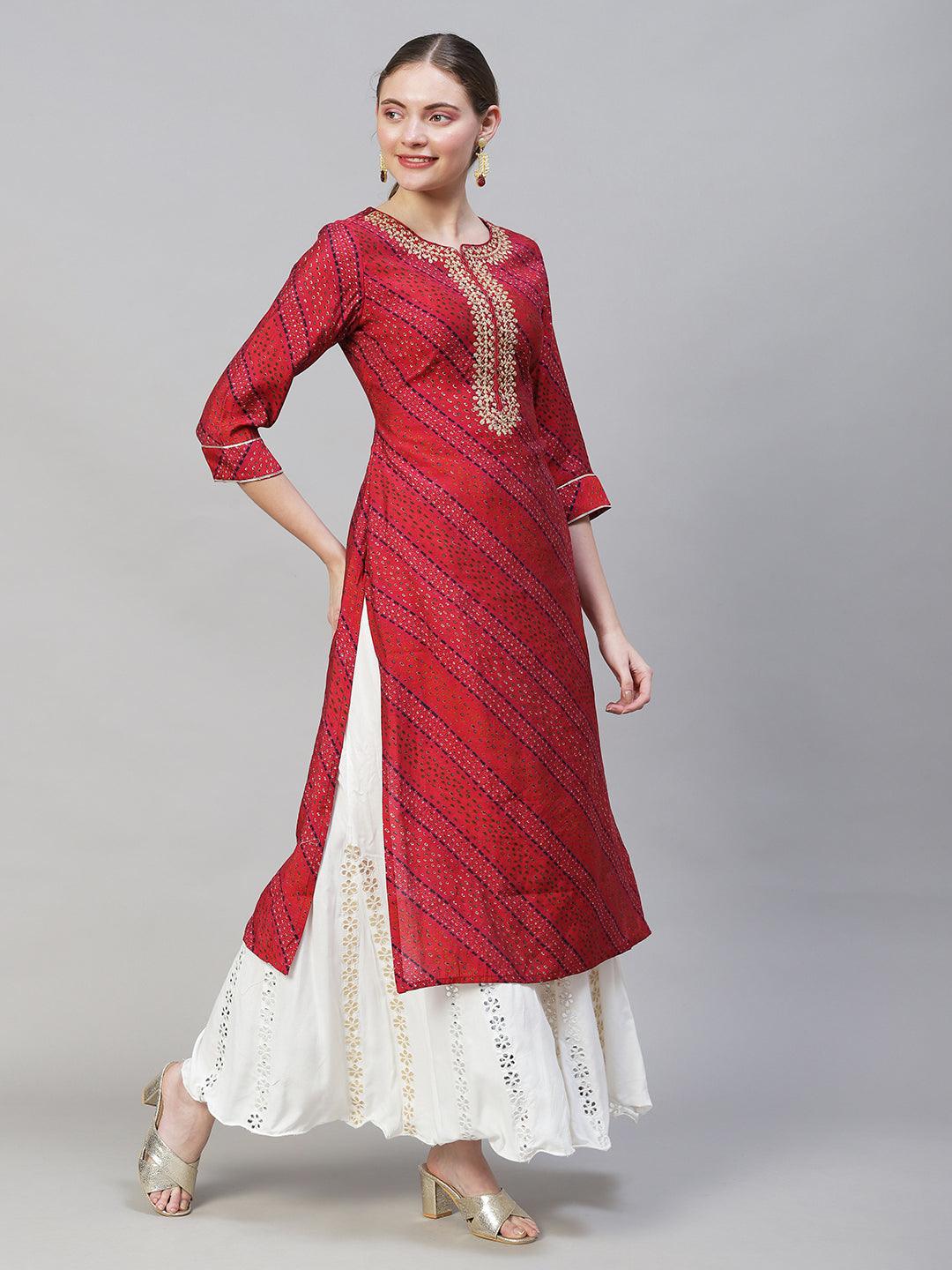 Ethnic Printed & Embroidered Straight Fit Kurta – Multi - Indiakreations