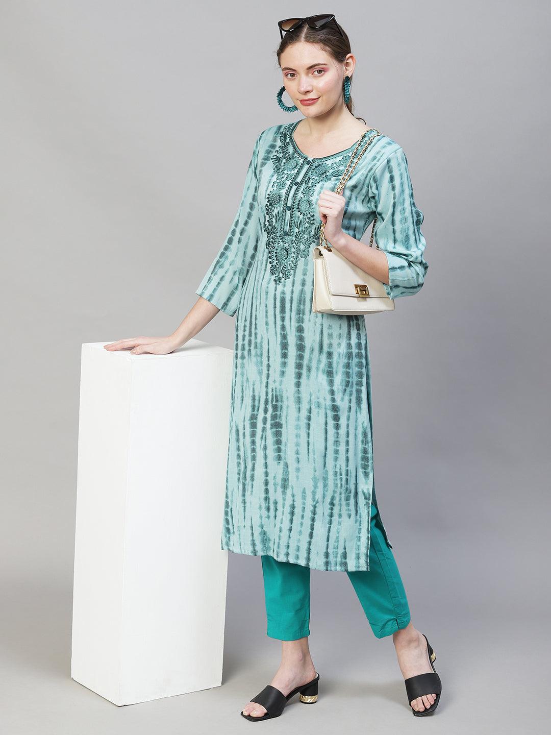 Tie-Dye Printed & Floral Embroidered Straight Fit Kurta - Light Sea Green - Indiakreations