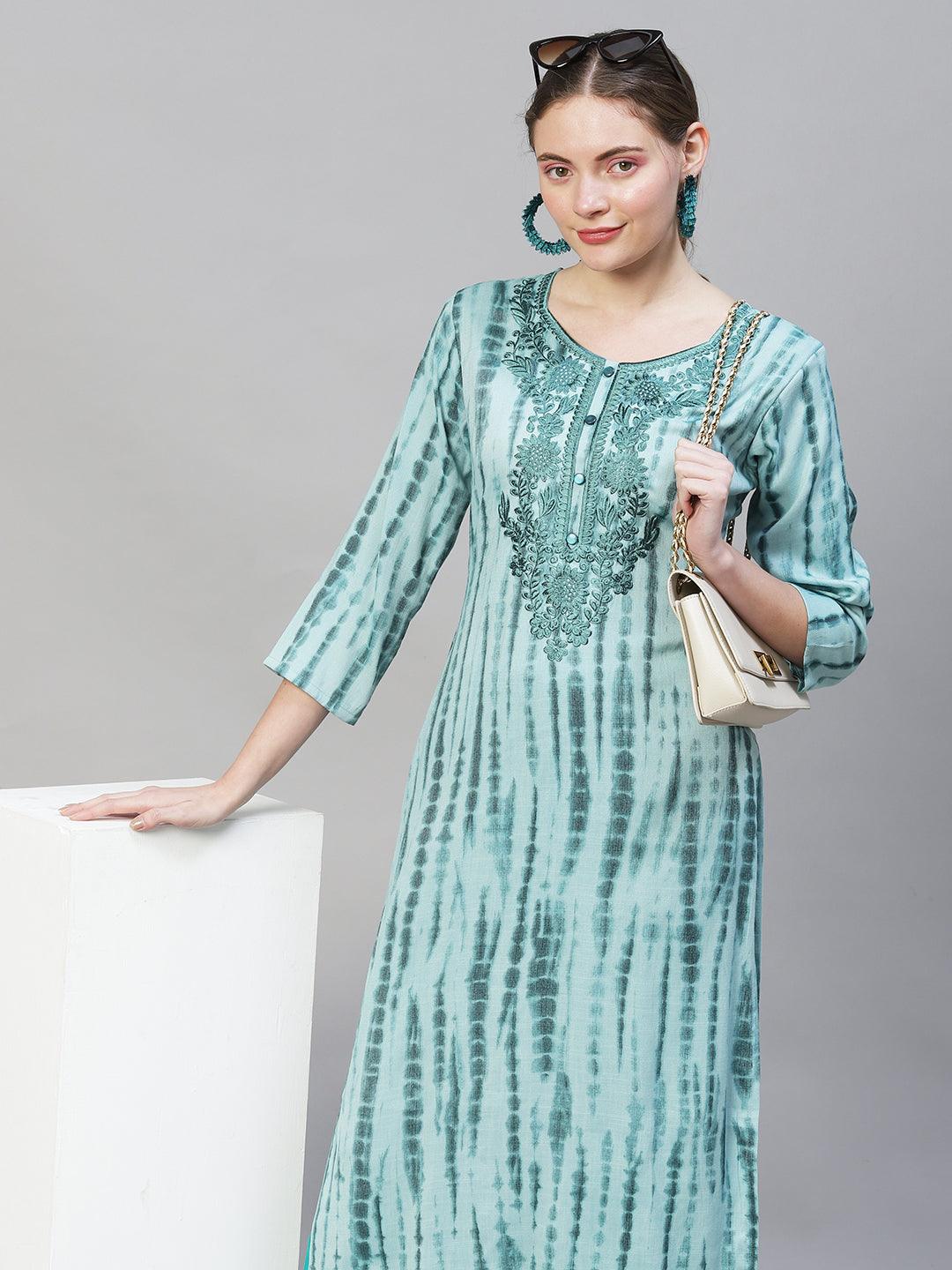 Tie-Dye Printed & Floral Embroidered Straight Fit Kurta - Light Sea Green - Indiakreations