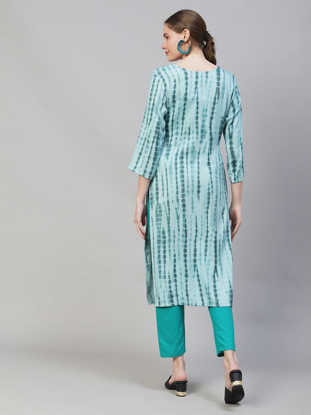 Tie-Dye Printed & Floral Embroidered Straight Fit Kurta - Light Sea Green - Indiakreations