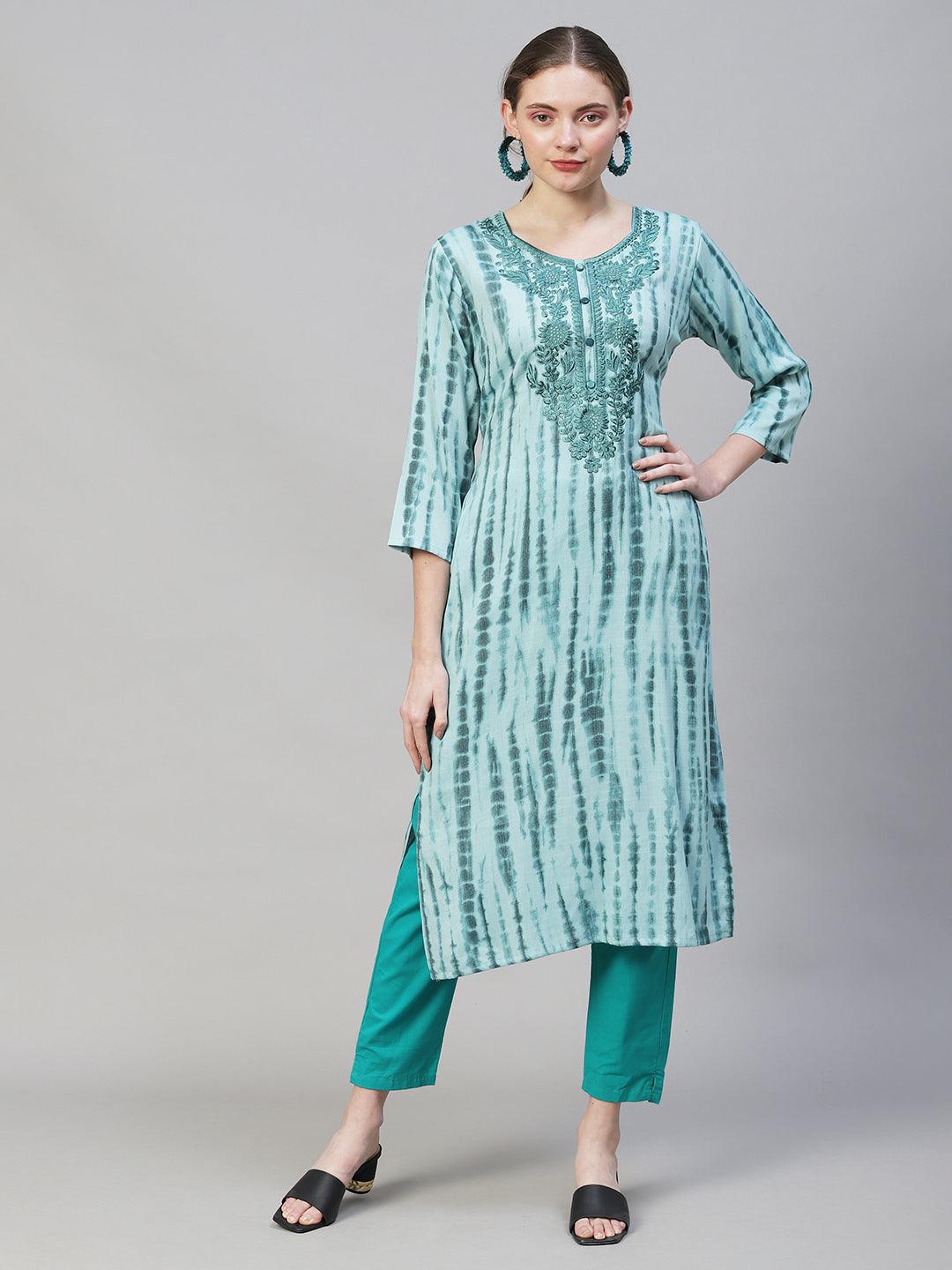 Tie-Dye Printed & Floral Embroidered Straight Fit Kurta - Light Sea Green - Indiakreations