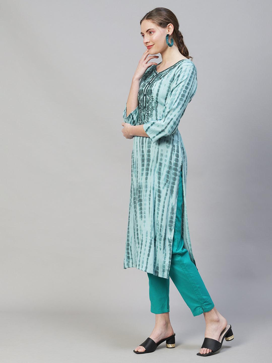 Tie-Dye Printed & Floral Embroidered Straight Fit Kurta - Light Sea Green - Indiakreations