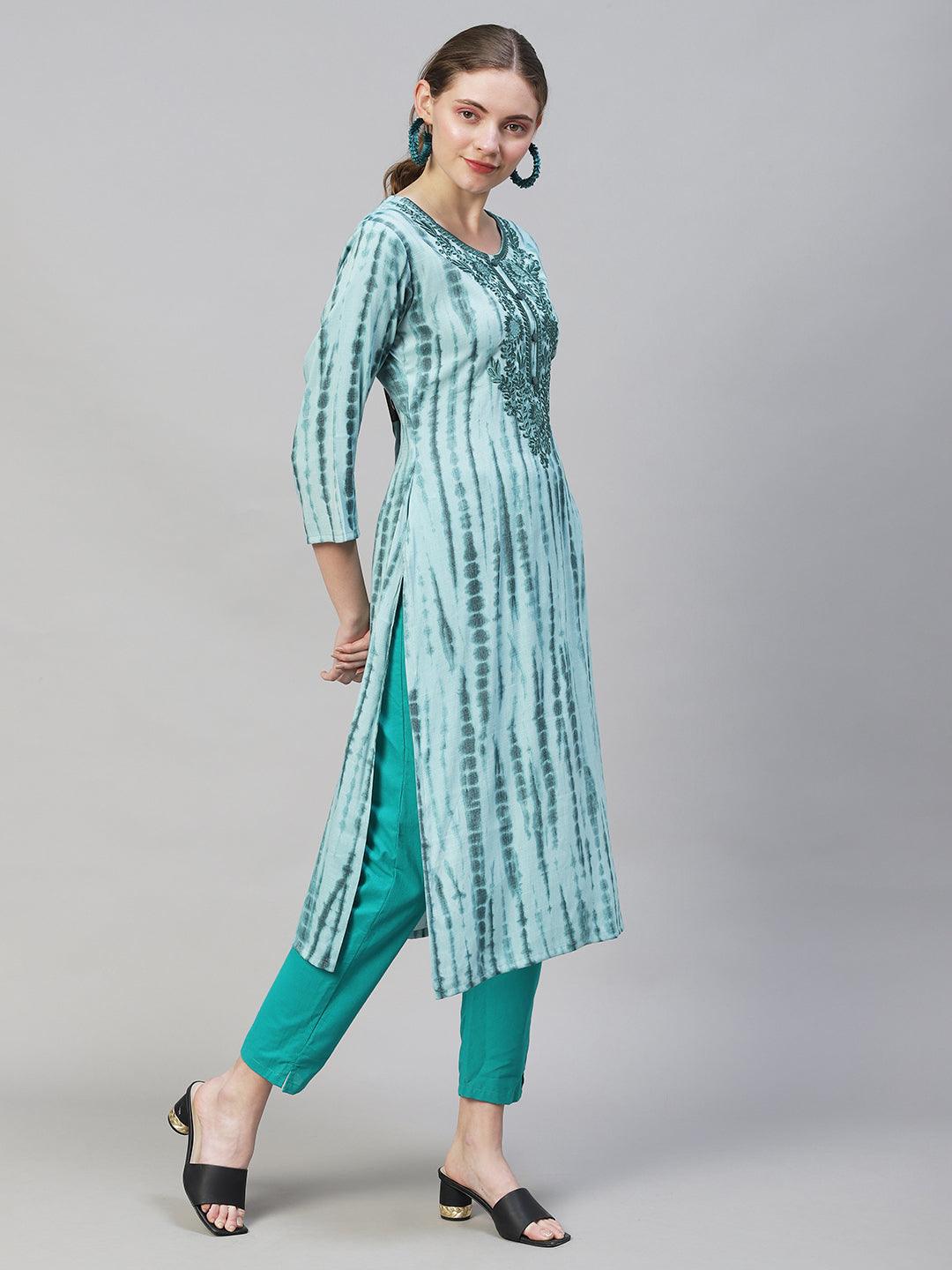 Tie-Dye Printed & Floral Embroidered Straight Fit Kurta - Light Sea Green - Indiakreations