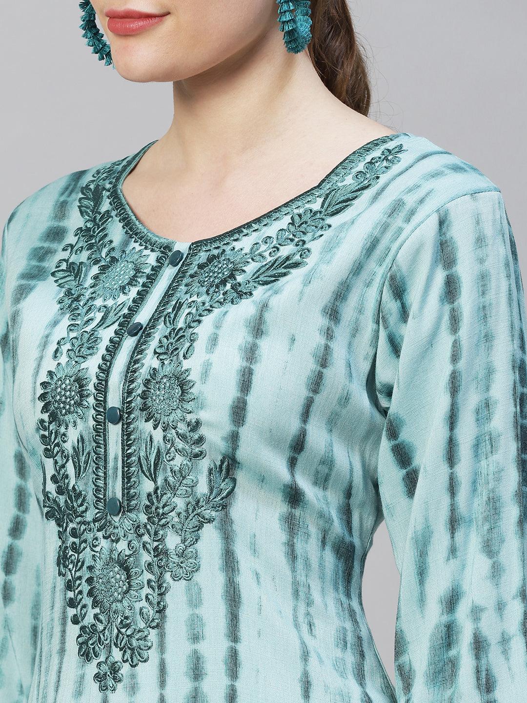 Tie-Dye Printed & Floral Embroidered Straight Fit Kurta - Light Sea Green - Indiakreations