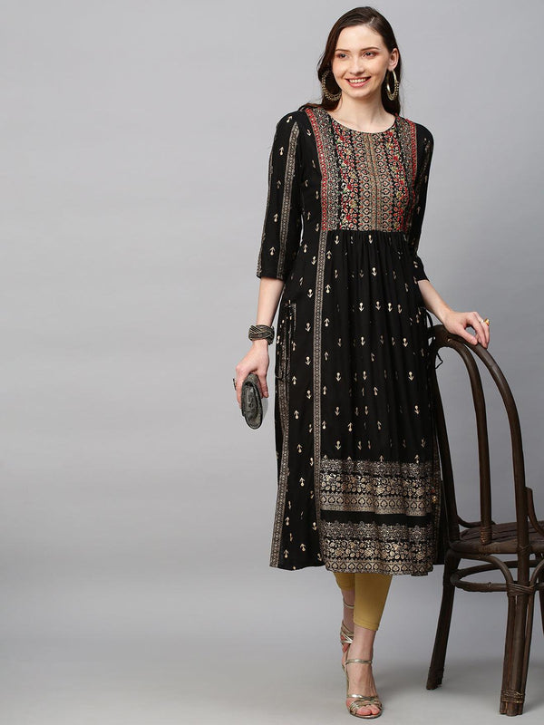 Ethnic Printed & Hand Embroidered A-Line Kurta - Black - Indiakreations