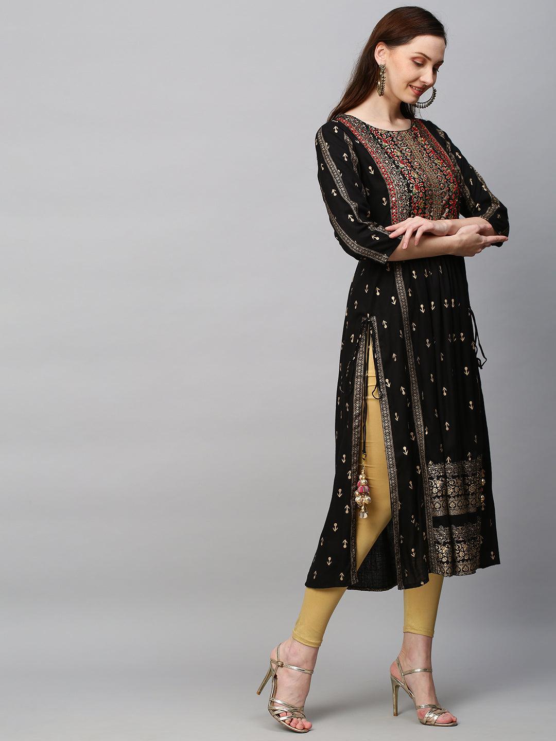 Ethnic Printed & Hand Embroidered A-Line Kurta - Black - Indiakreations